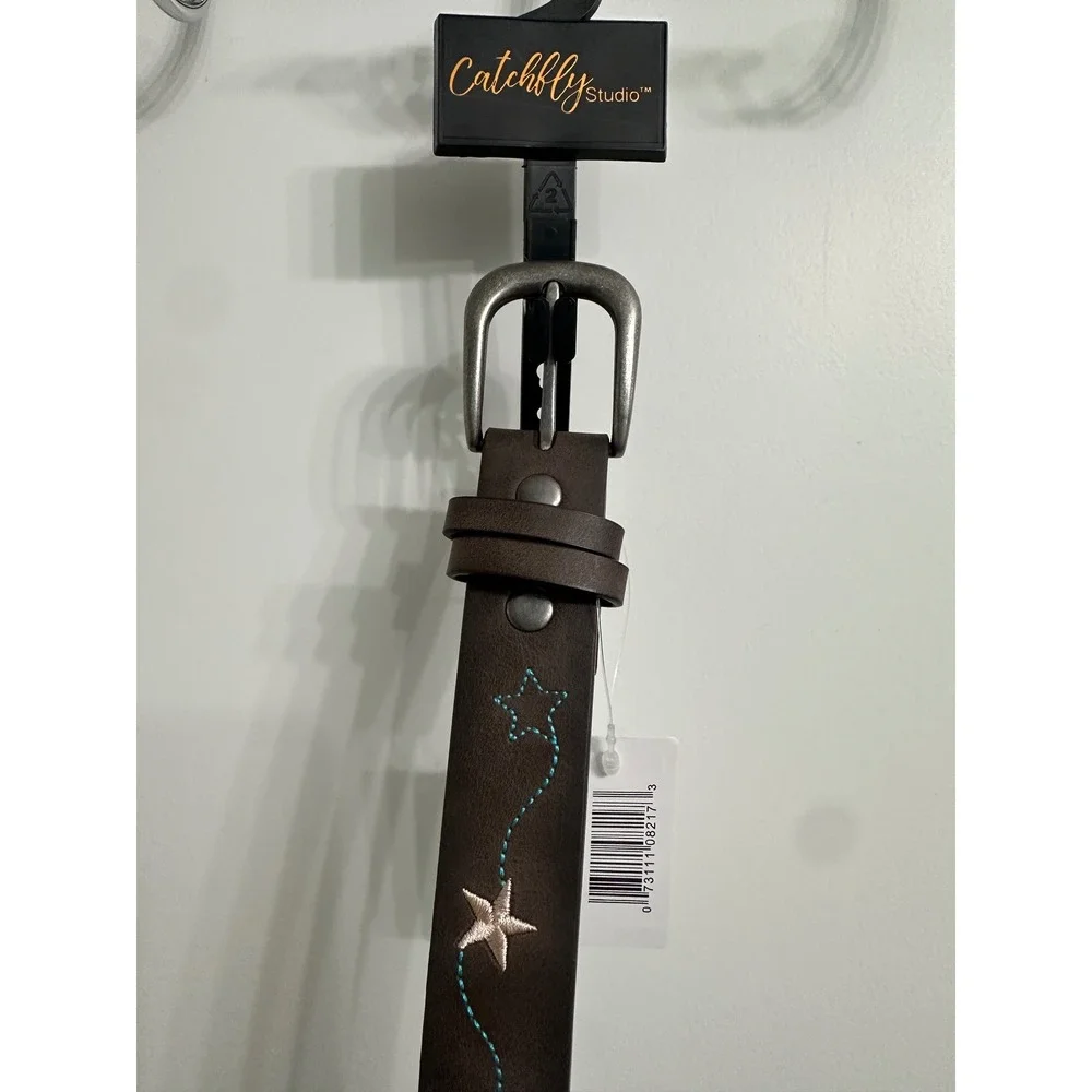Catchfly Studio‎ Kids Brown Star Embroidered Faux Leather Belt